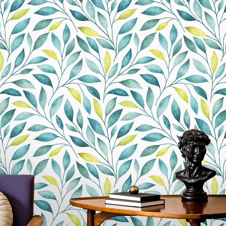 Waterverf Turquoise Bladeren Kinderkamer Behang, Minimalistische Muurdecoratie voor wholesale door SimurgWallArts