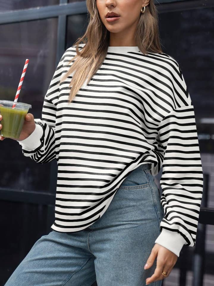 HIDDENBRAND - Wholesale Sweatshirt - Women's - Colored Striped Crewneck Loose Sweatshirt11