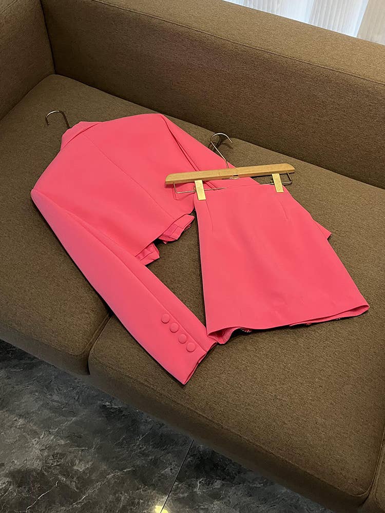 Sanyao Fashion - Wholesale Suit Set - Women's - SY396 Pink Suit with Diamond Bow Decor and Short Hip Skirt 1