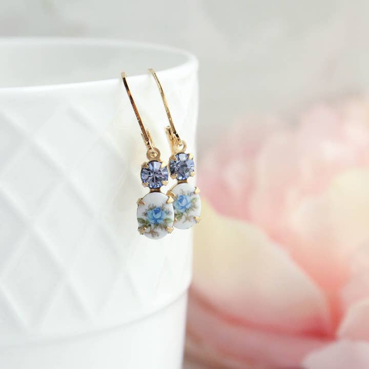 A Pocket of Posies - Wholesale Dangle Earrings - Little Blue Rose Cameo Earrings | Vintage Glass | Lever back5