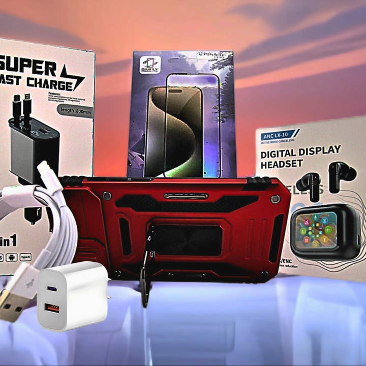 iPhone 13 Red Case with 4-in-1 Car Charger, Screen Protector, Black Earbuds, Dual Charging Block & 3ft Charging Cord | Complete Accessory Bundle for wholesale by Wittbizz Snacks