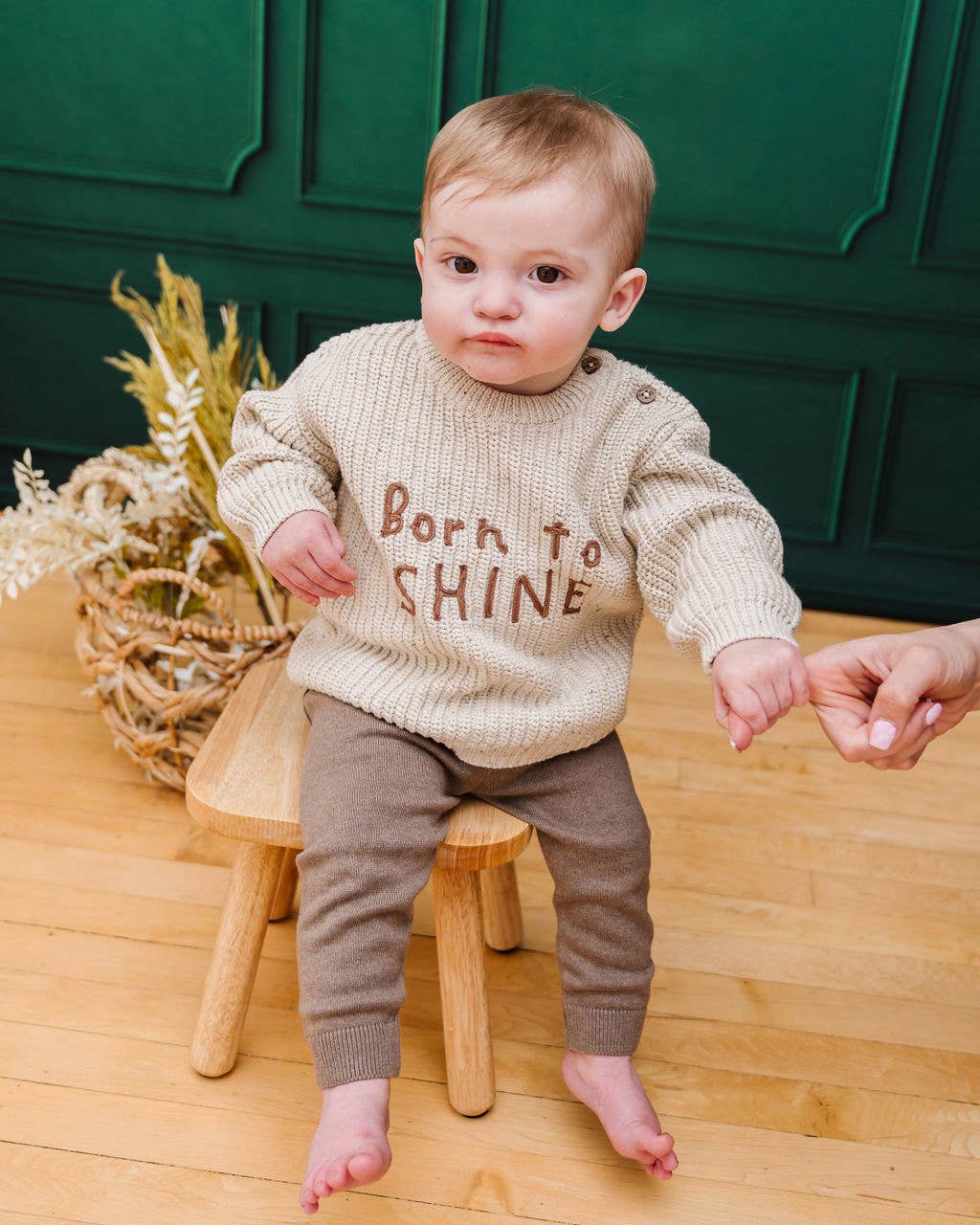 Speckled Linen BORN TO SHINE Chunky Knit Slouchy Baby Pullover Sweater for wholesale on Faire3