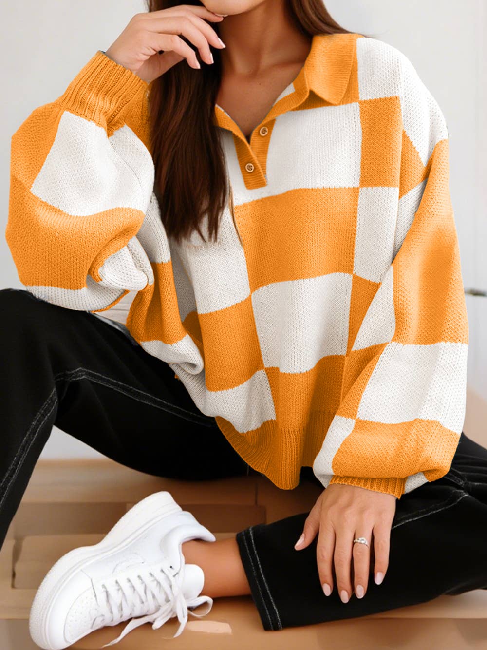 1 the Woman - Wholesale Knit Sweater - Women's - Checkered V-Neck Pullover Sweater2