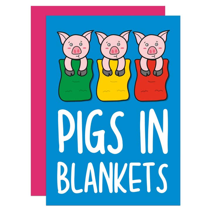 Biglietto natalizio A6 Pigs In Blankets per la vendita all'ingrosso da parte di TeePee Creations