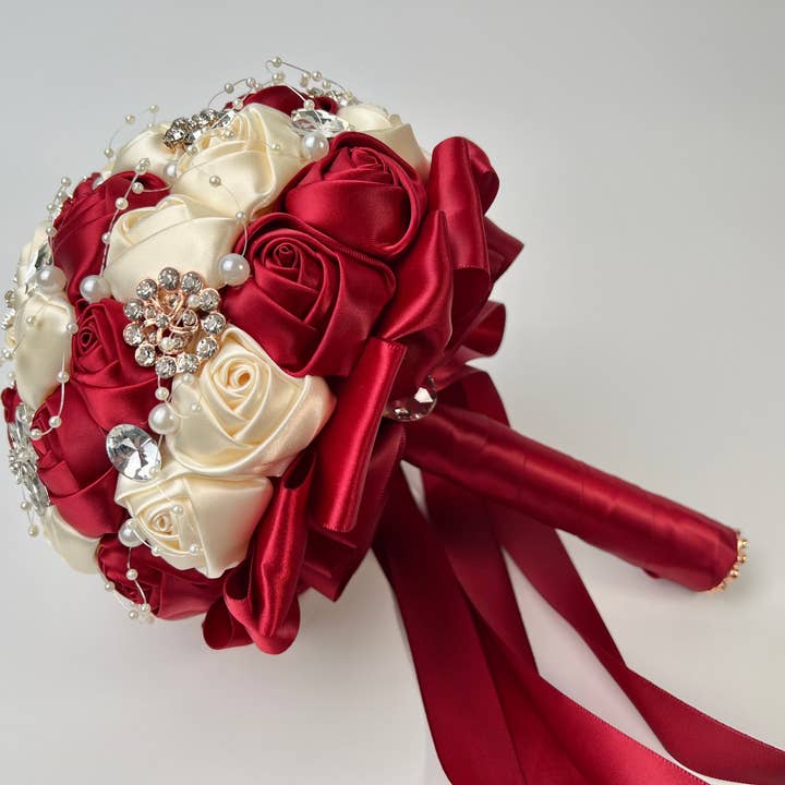 Floris Linens - Wholesale Artificial Flowers - Rhinestone / Pearl Bridal Brooch Rose Bouquet for Wedding