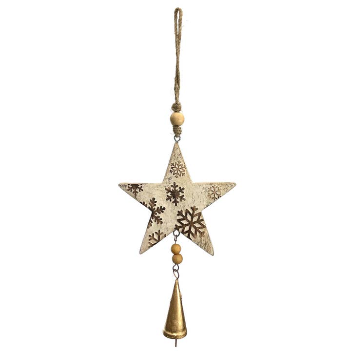 Carillon en bois de manguier - Flocons de neige étoilés vintage blanc 16" pour la vente par Jafsons International