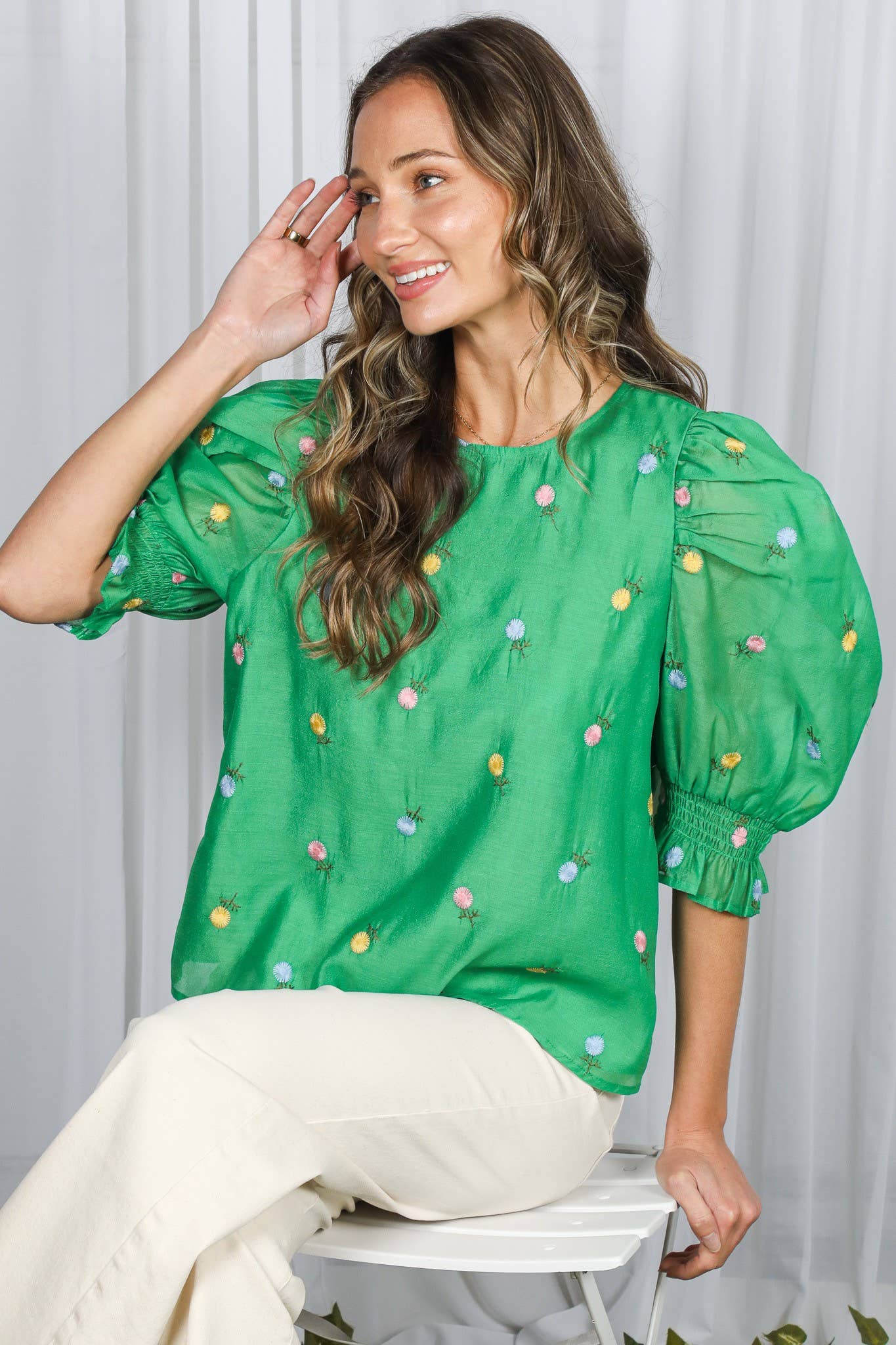 Vine & Love - Wholesale Blouse - Women's - Floral Embroidered Round Neck Organza Blouse Top VT82255-8