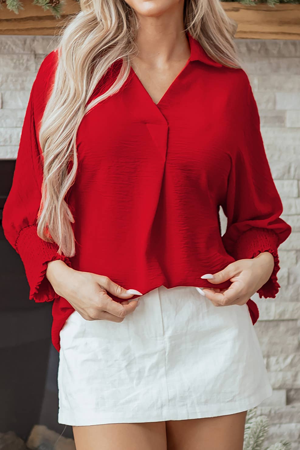 As shown Red Shirred Collared 3/4 Sleeve Oversize Tunic Top  | S-4X for wholesale on Faire6