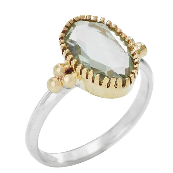 Green Amethyst Sterling Silver and Brass Ring for wholesale by Tiger Mountain Jewelry