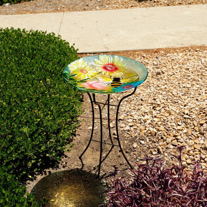 Alpine Corporation - Wholesale Bird Bath - Alpine Corporation 18" Glass Birdbath w/ Flowers & Bee