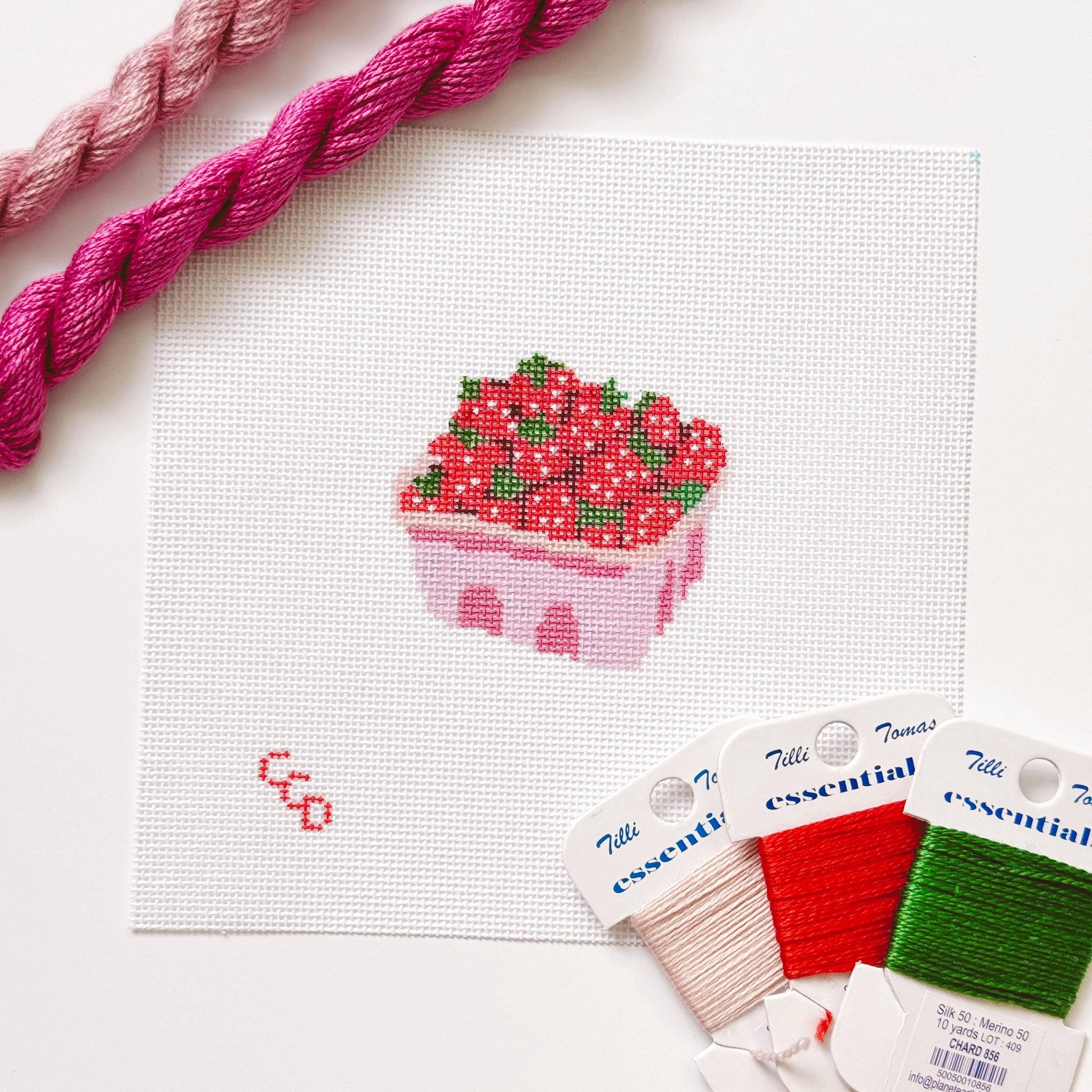 Cotswold Co Designs - Wholesale Embroidery/Cross Stitch Supplies - Strawberry Basket Needlepoint Canvas 18 Mesh 4” Design, Summer Strawberries Needlepoint Canvas modern Hand Painted6