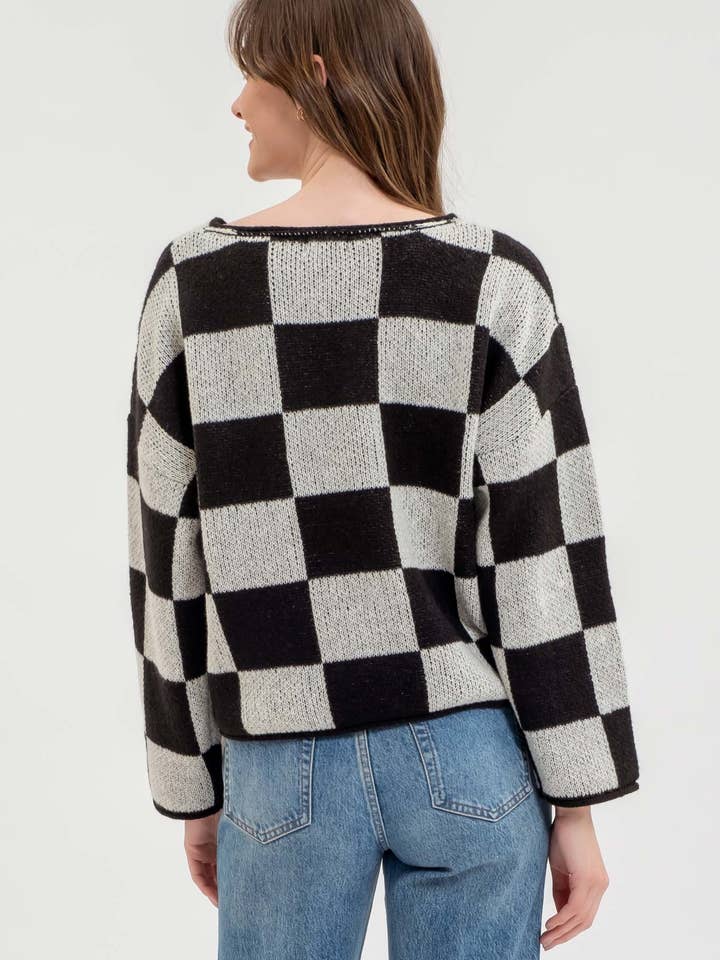 Blu Pepper - Wholesale Knit Sweater - Women's - CHECKERED SPLIT NECK LONG SLEEVE KNIT SWEATER