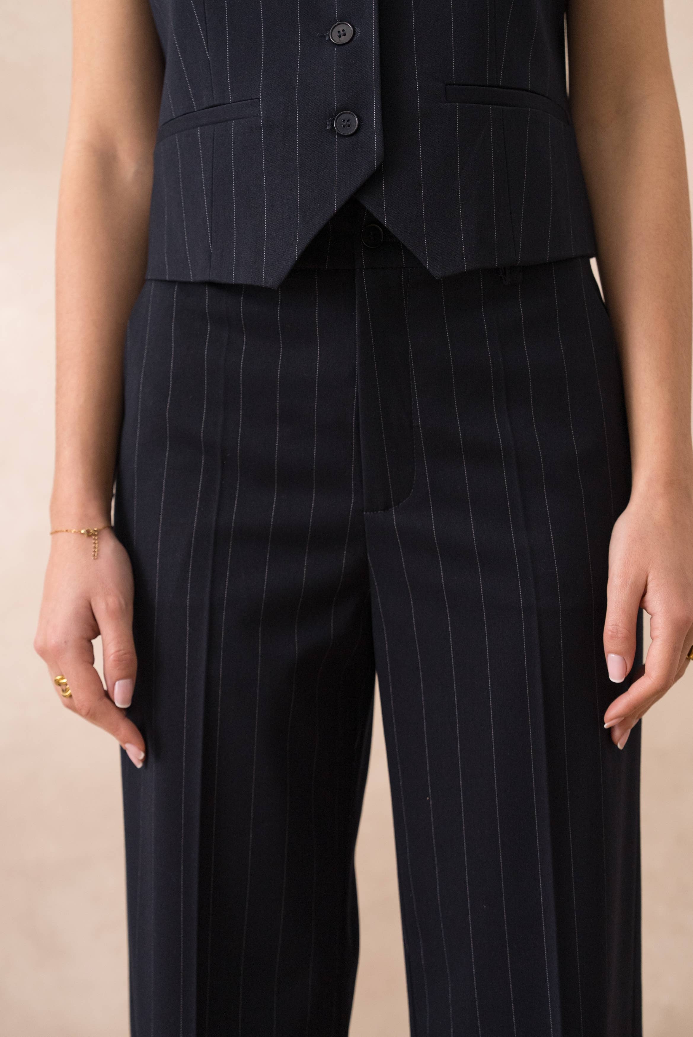 Attentif Paris - Wholesale Suit Pants - Women's - [Harmonia] High-waisted wide-leg striped pants7