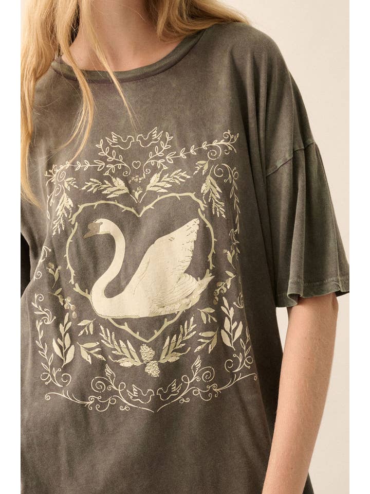 Promesa USA - Wholesale Screen Printed T-Shirt - Women's - Ornate Swan Vintage-Wash Oversize Graphic Tee