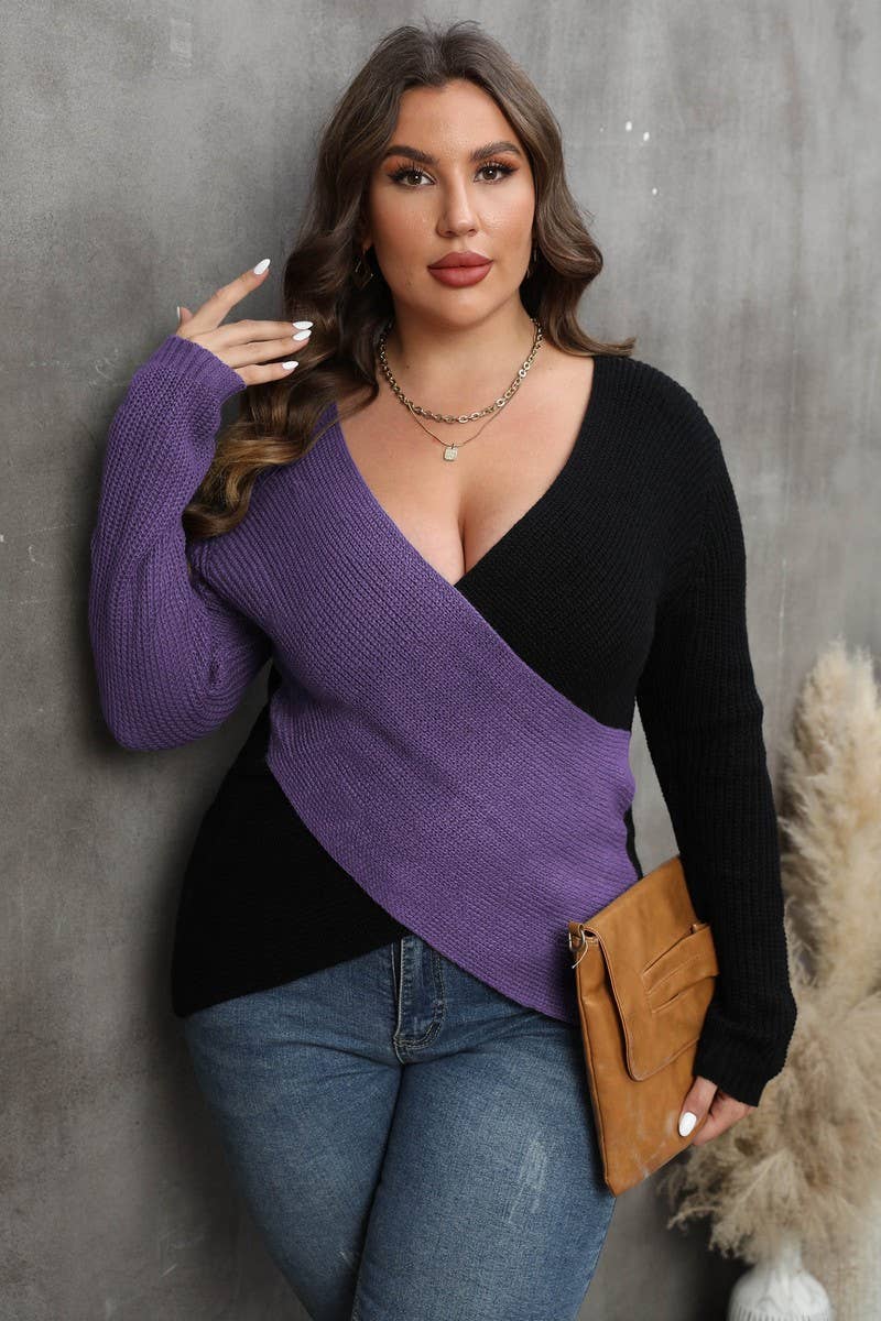 Lily Clothing - Wholesale Knit Sweater - Women's - WOMEN PLUS SIZE SEXY DEEP NECK CROSS WRAP SWEATER_CWOCAL02980