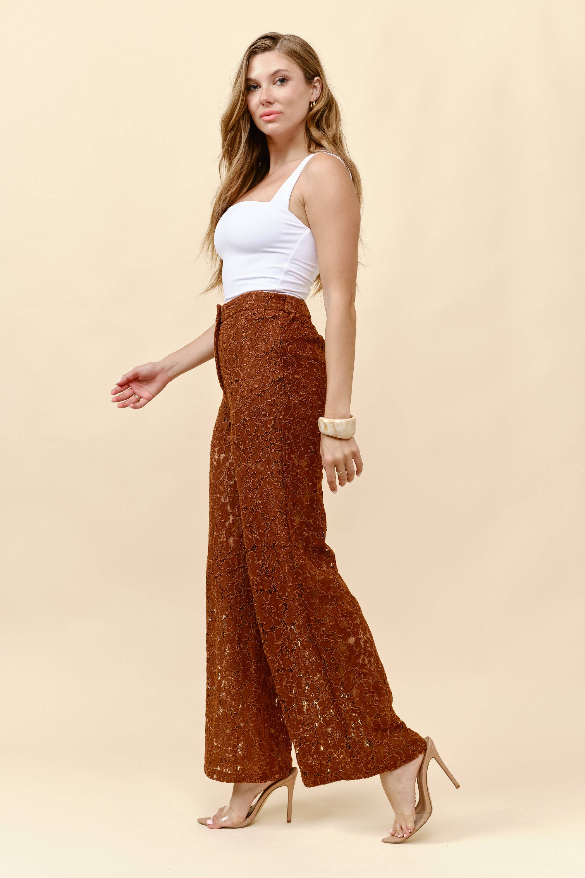 Brown High waist wide leg lace trousers for wholesale on Faire8