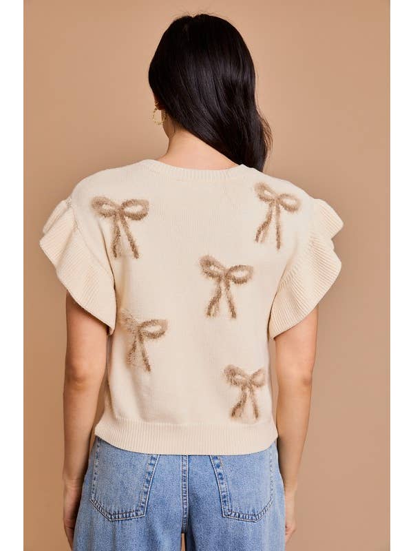 GILLI - Wholesale Knit Top - Women's - Round Neck Ruffle Sleeve Bows Knit Top