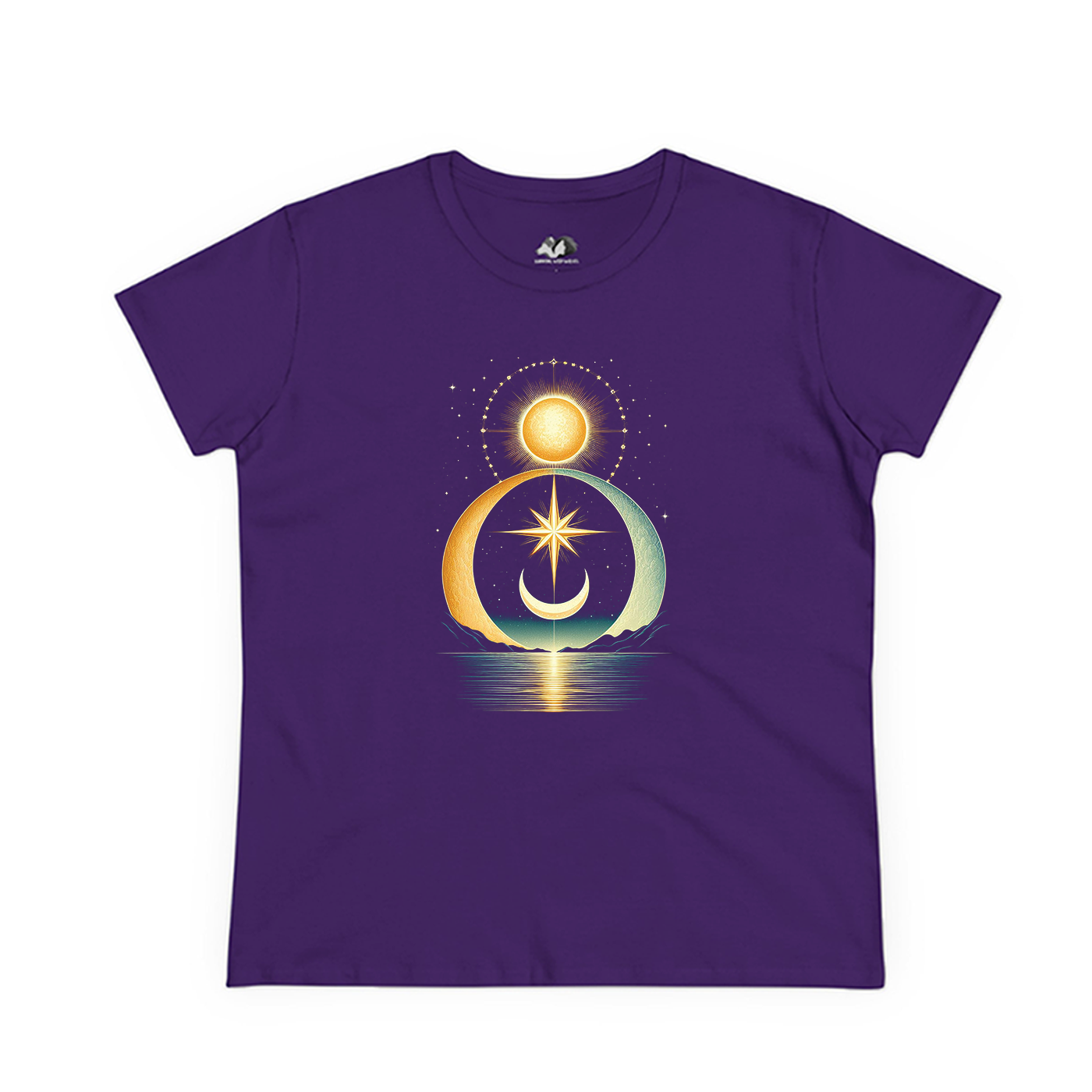 Running With Wolves - Wholesale Screen Printed T-Shirt - Women's - Lunar Alignment - 100% Cotton Celestial Tee - Sun Moon Stars1