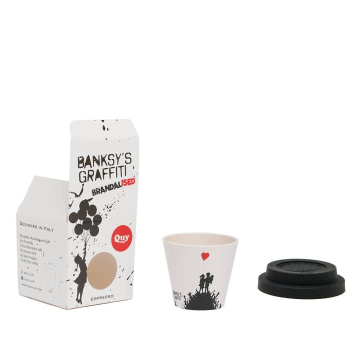 URBAN.ITY SRL - Wholesale Coffee/Tea Cup - Banksy Espresso Cup in RPET 90 ml - Kids on Guns1