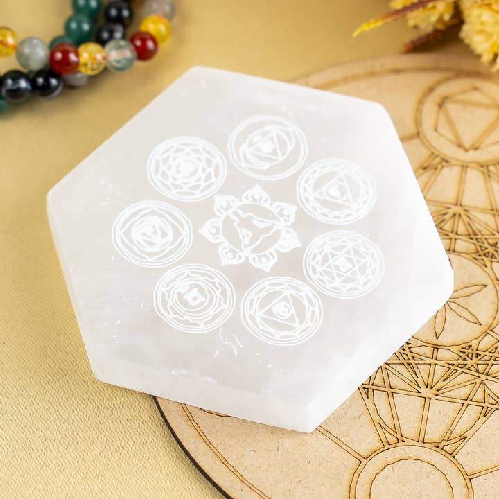 4" Selenite Plate | Hexagon 7-Chakra Selenite Plate for wholesale by Soothing Crystals