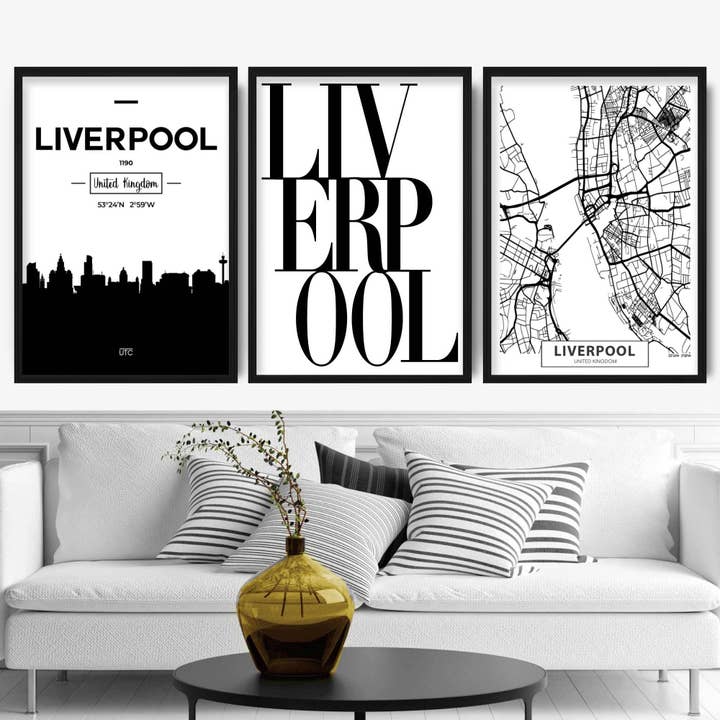 Set de 3 impresiones de mapa urbano del horizonte de LIVERPOOL para venta al por mayor de Artze Wall Art