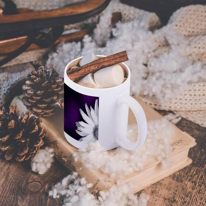 3dRose - Wholesale Coffee Mug - 3dRose, Photograph of the corner of a white maximilian sunflower on purple., Mug11