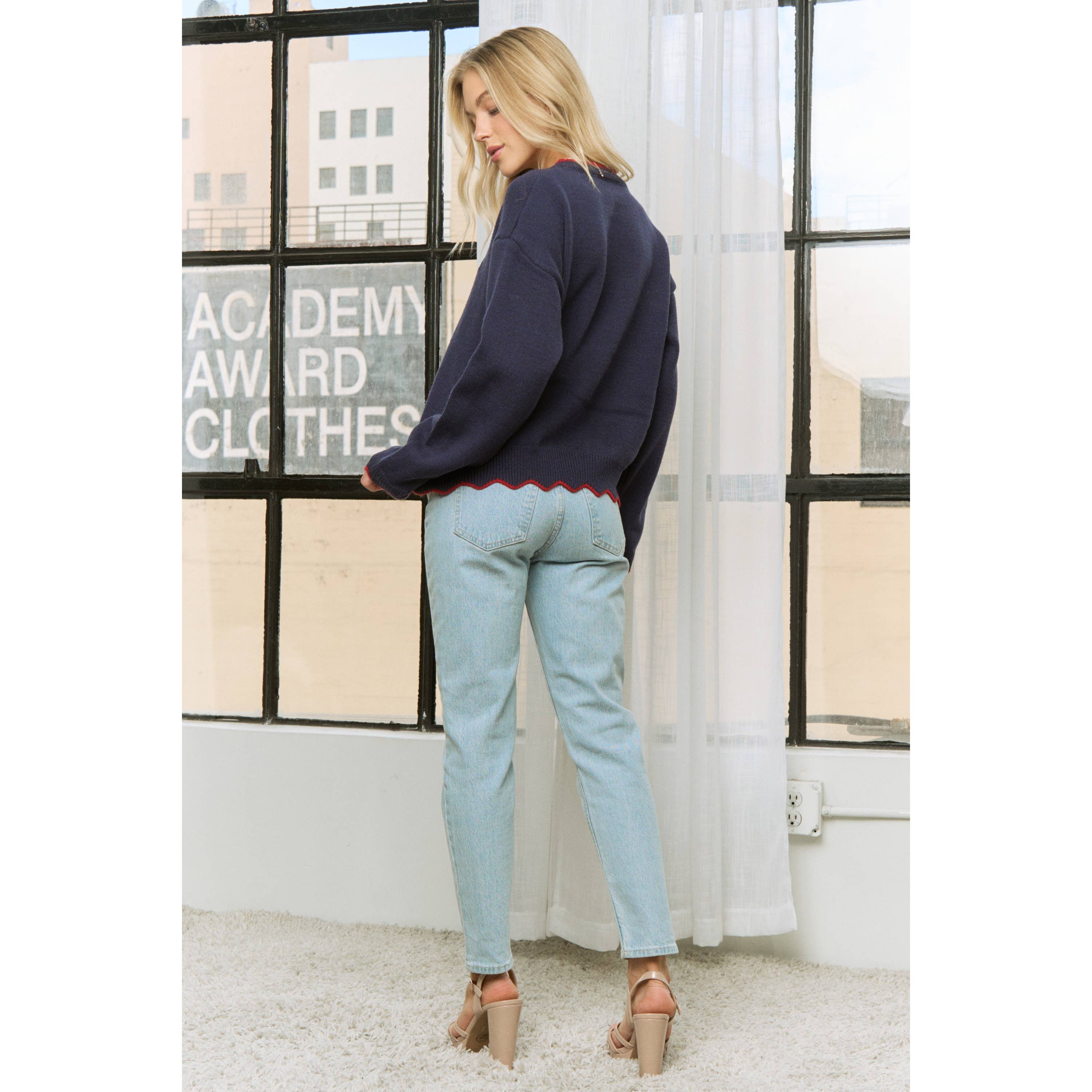 Navy Multi CHIC PUPPY JAQUARD SCALLOP EDGES SWEATER PULLOVER for wholesale on Faire9