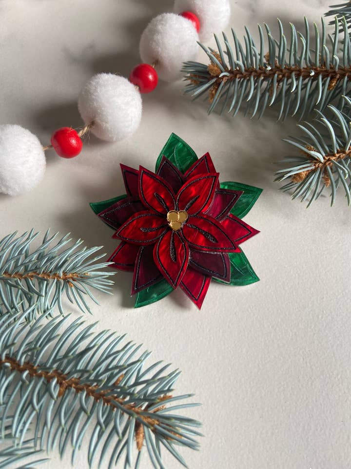 Poinsettia Brooch for wholesale by Mountains of Whimsy