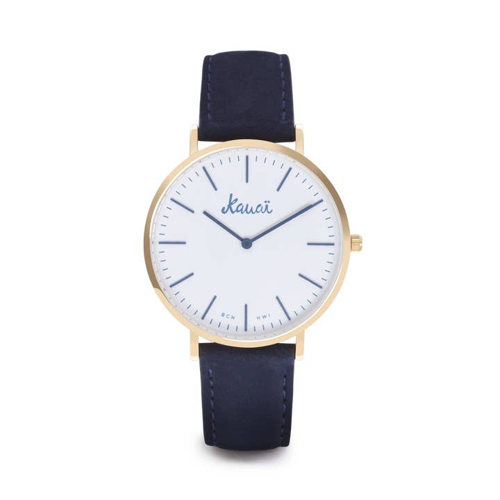 Orologio minimalista in pelle blu bianco Moana per la vendita all'ingrosso da parte di Kauai watches