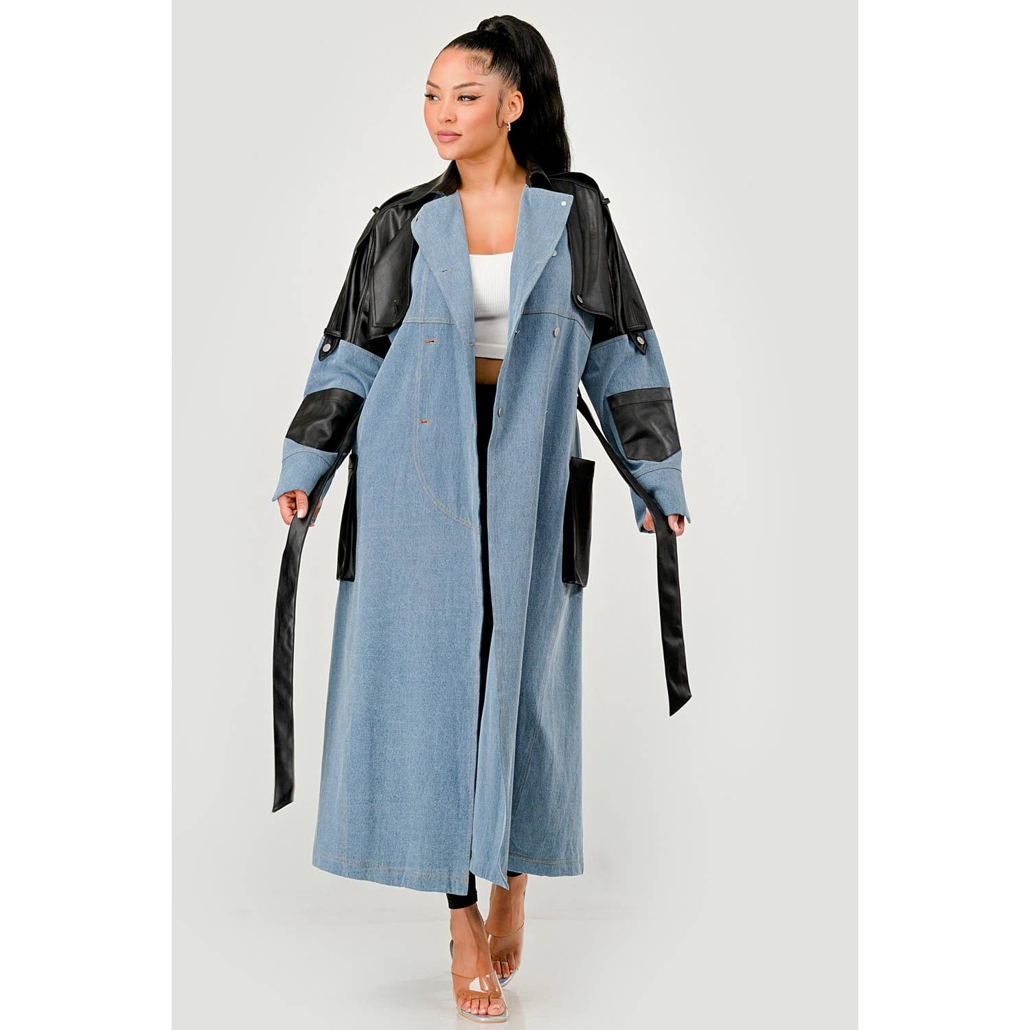 DENIM Trench-coat en denim bicolore et simili cuir en vente sur Faire2