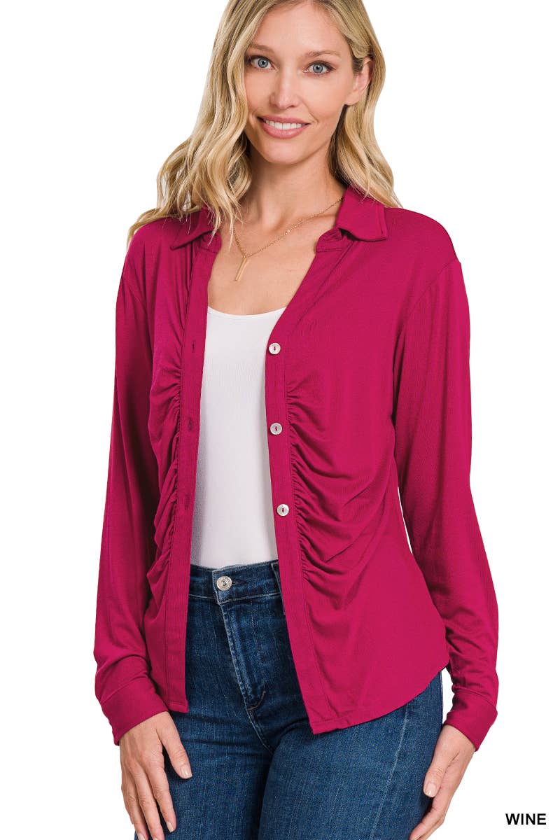 IVORY  '...._ STRETCHY BUTTON DOWN SHIRT WITH RUCHED DETAIL for wholesale on Faire8