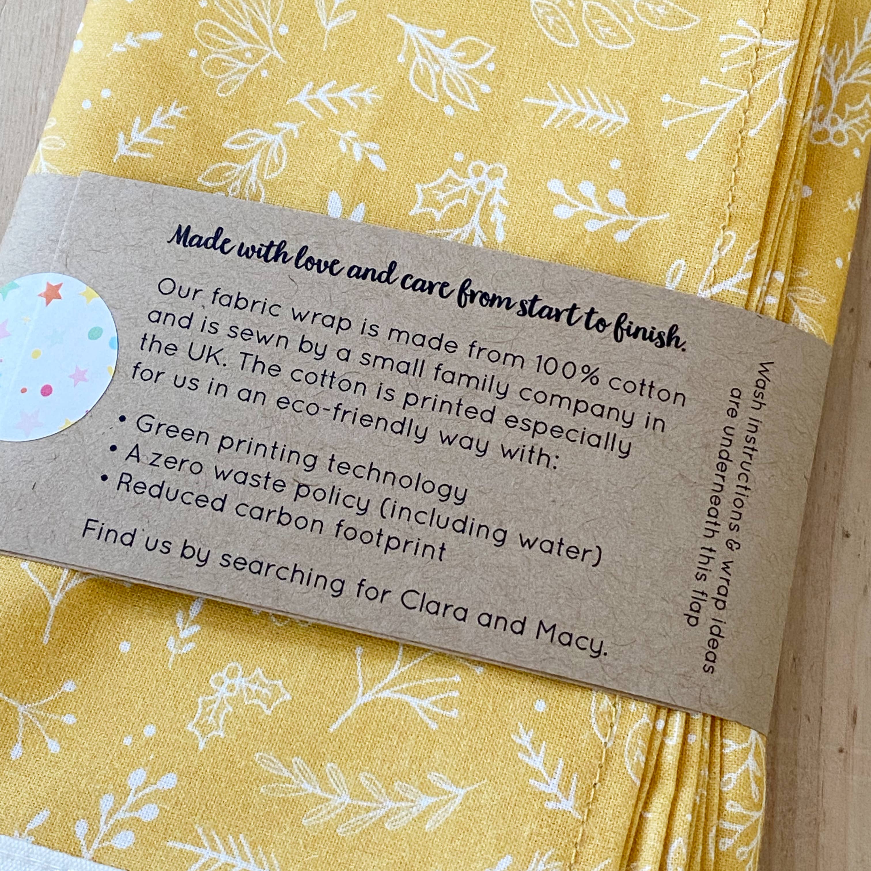Clara and Macy - Wholesale Flat Wrap - Reusable Yellow Botanical Fabric Gift Wrap4