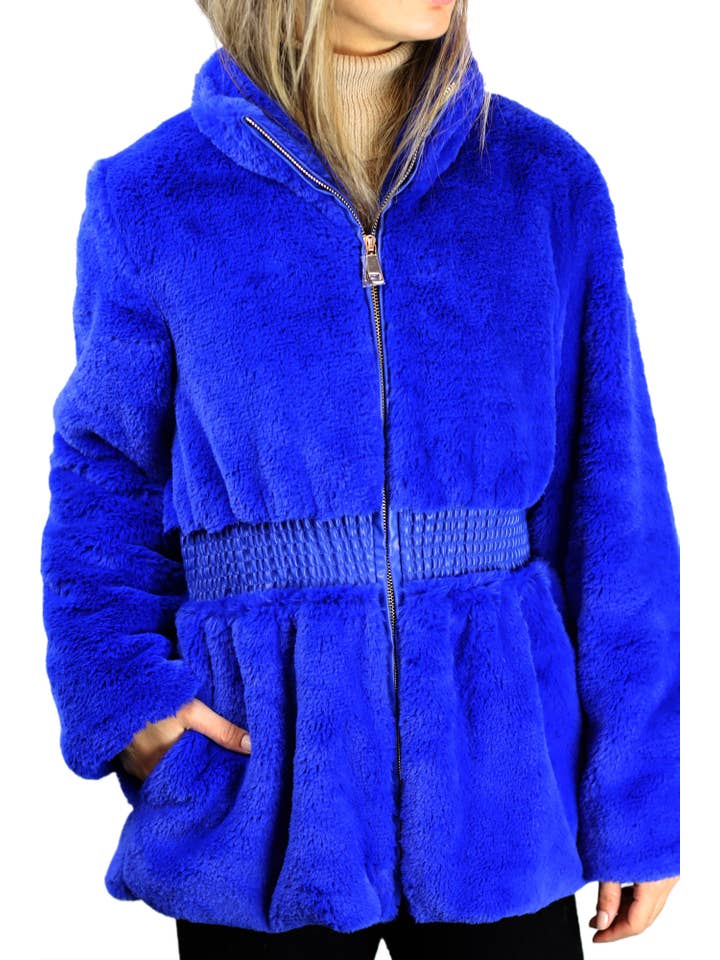 La Fiorentina - Wholesale Jacket - Women's - Plush Faux Fur Cinched Waist Jacket - Royal Blue