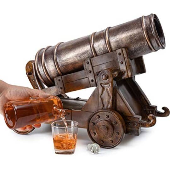 Cannon Wine & Whiskey Decanter Set with Cannon Ball Whiskey for wholesale by The Wine Savant / Khen Glassware