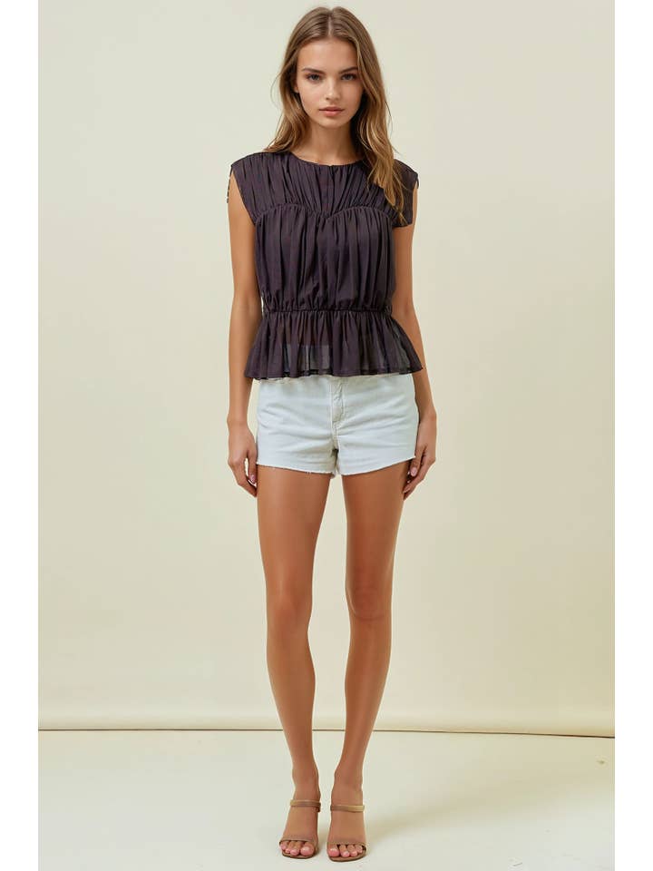 DARK CHOCOLATE SEMI SHEER SHIRRED PEPLUM KNIT TOP - 45284T for wholesale on Faire4