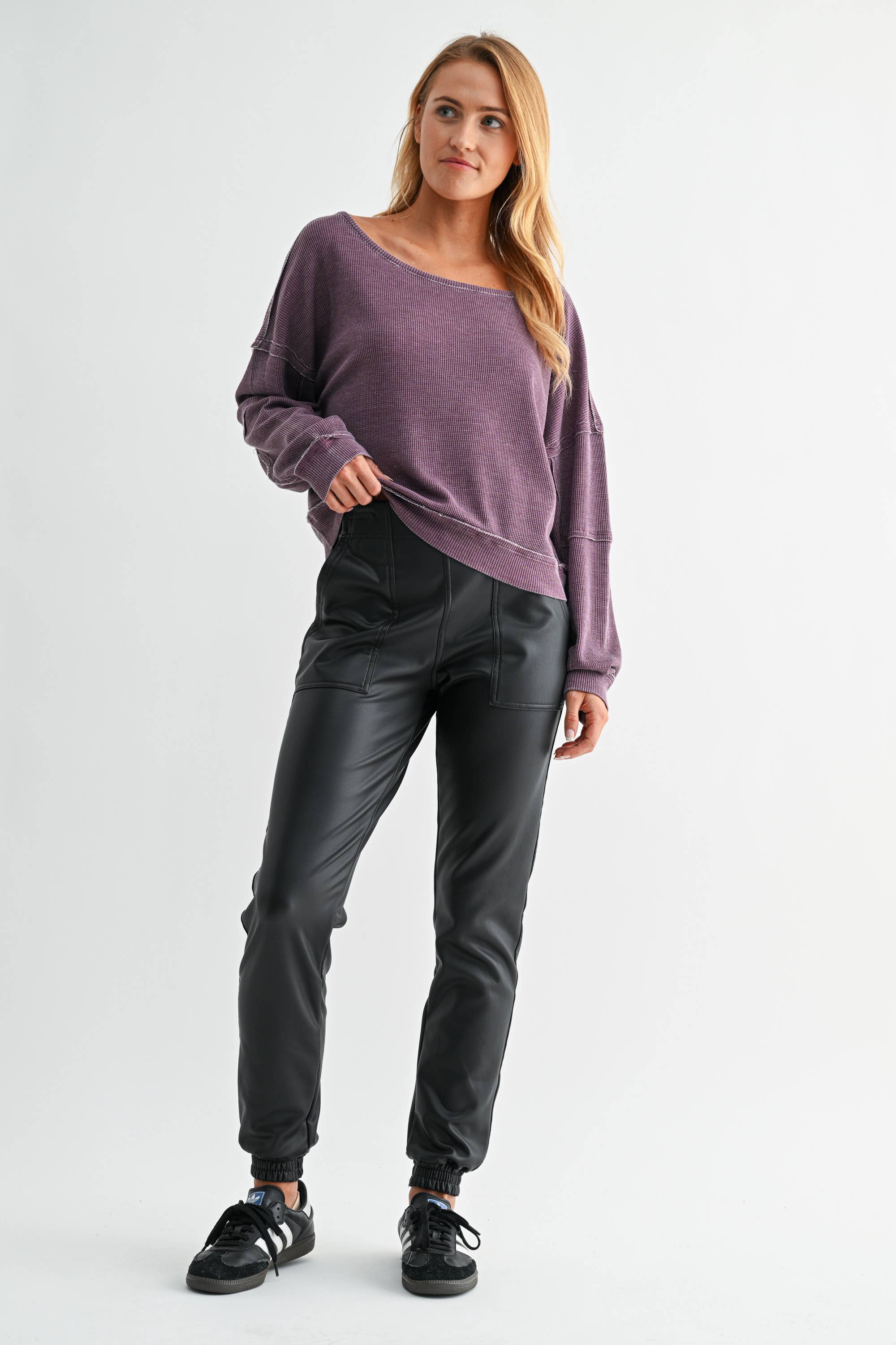 Mono B - Wholesale Sweatshirt - Women's - Raw Edge Waffle Knit Boatneck Pullover35