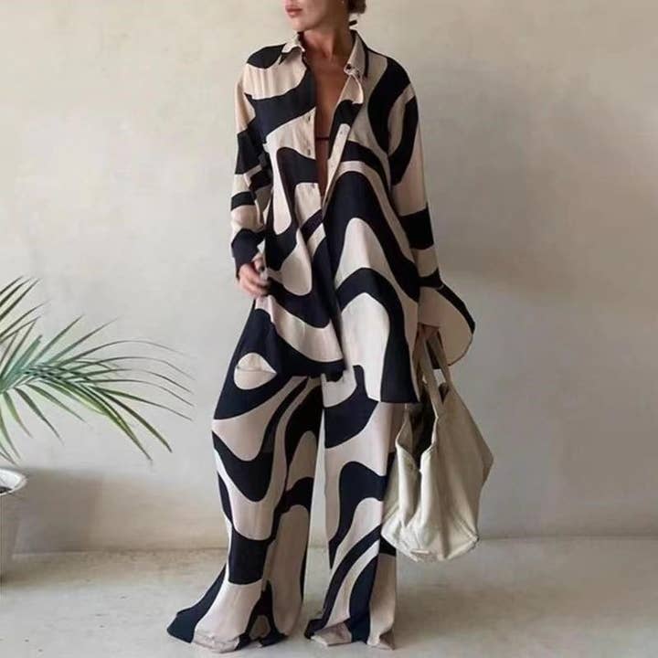 FurDecoration - Wholesale Top & Pant Set (NOT Loungewear) - Women's - Printed Loose Fit Long Sleeve Shirt And Straight Leg Pants
