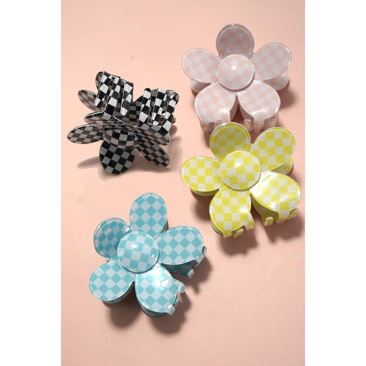 JOSSLYN by wall to wall - Wholesale Hair Clip - Women's - JUMBO CHECKER FLOWER HAIR CLAW CLIP | 40H644