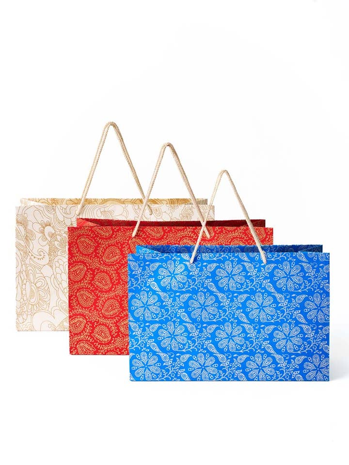 Recycled Paper Wide Holiday Gift Bag 15x6x9.5 - Assorted for wholesale by Matr Boomie Fair Trade