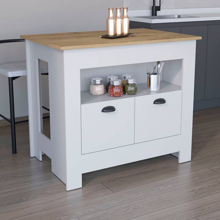 Arlet melamine kitchen island with 2 doors and 3 shelves for wholesale by TuHome Concept