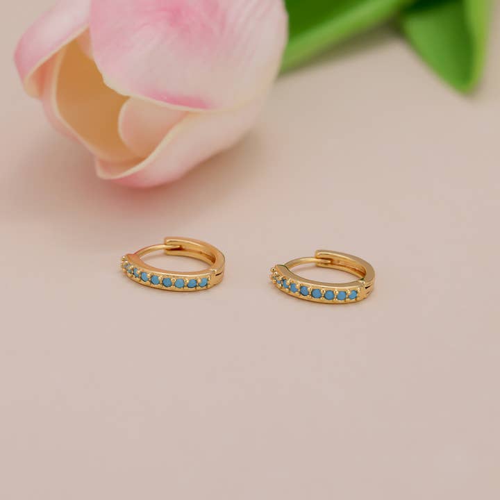 Melange Blanc - Wholesale Huggie Earrings - E138 Paved turquoise huggie hoop earrings, gold hoops6