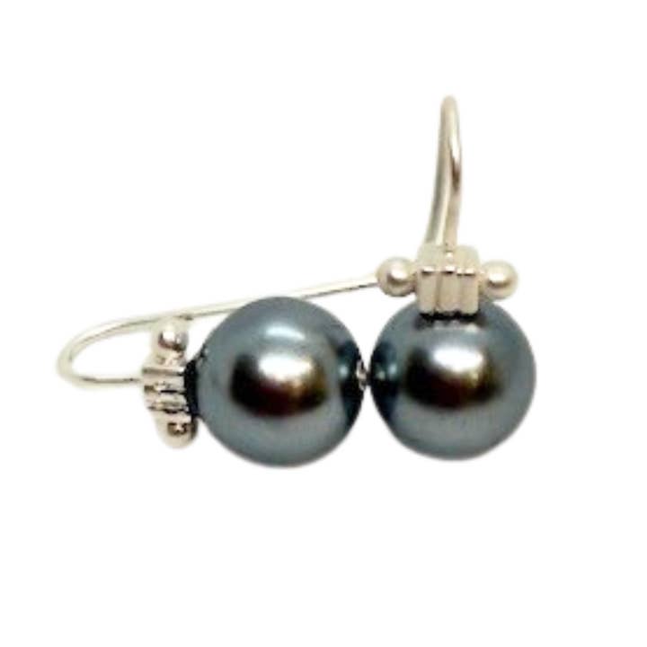 Grey Pearl And Matte Silver Column Top Earrings for wholesale by Deborah Grivas Designs