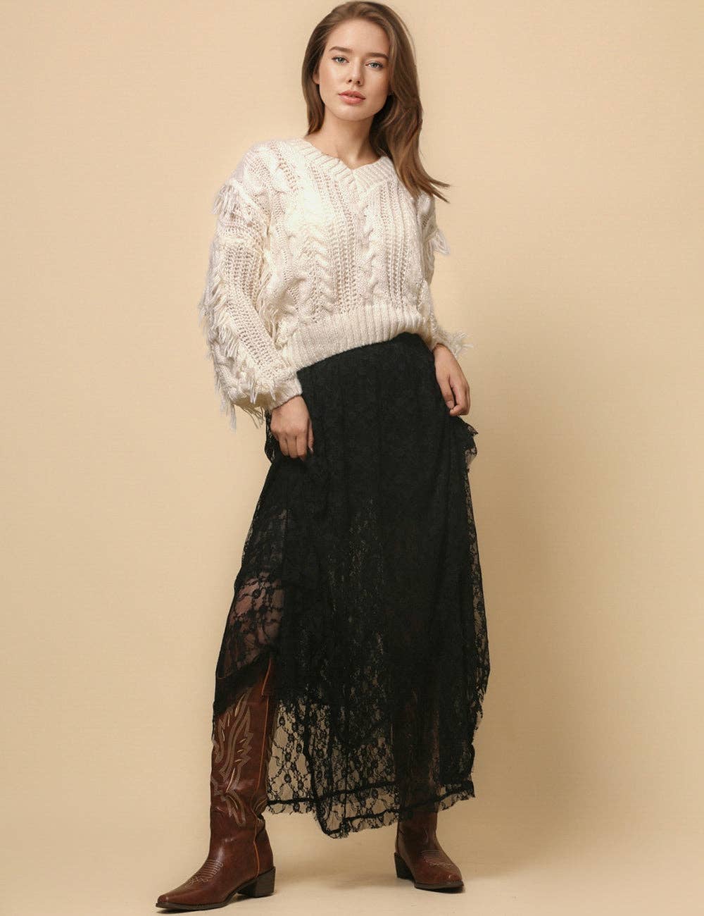 Sweetkama - Vente Jupe – femme - Jupe mi-longue en dentelle florale de couleur unie pour femmes SKS480129