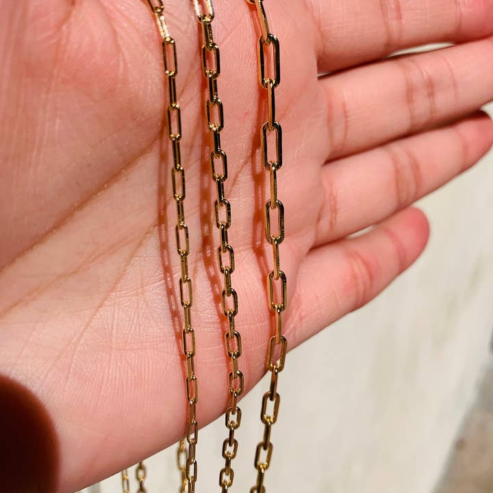 Vente en gros de chaînes de trombones de 3 mm remplies d'or, chaîne à maillons rectangulaires remplie d'or 18 carats, chaîne de trombone, chaîne pour femmes en gros, chaîne en vrac en or pour la vente par The Bead Bazaar