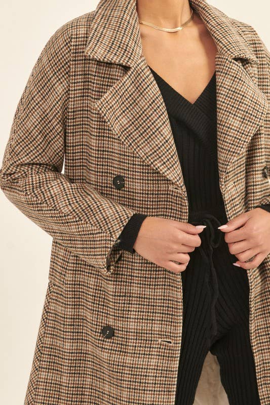 BROWN Houndstooth Double Breasted Long Sleeve Woven Coat for wholesale on Faire