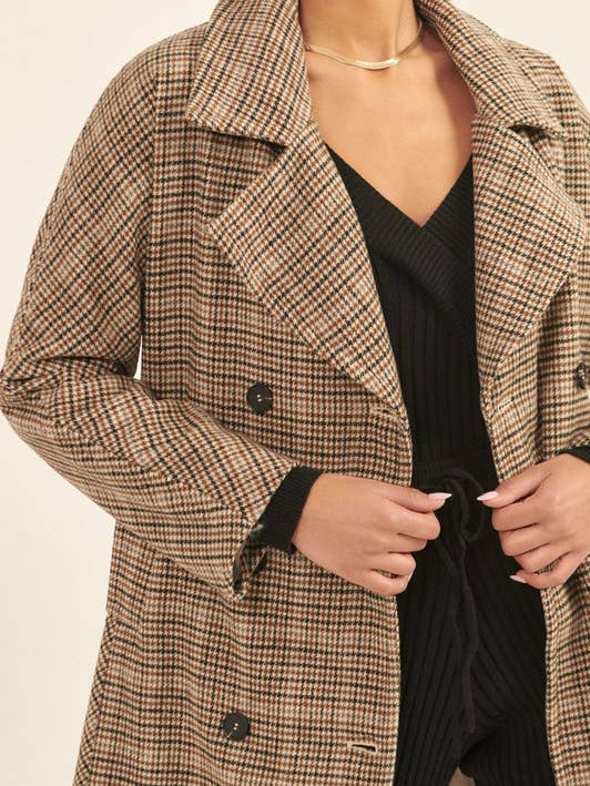BROWN Houndstooth Double Breasted Long Sleeve Woven Coat for wholesale on Faire0