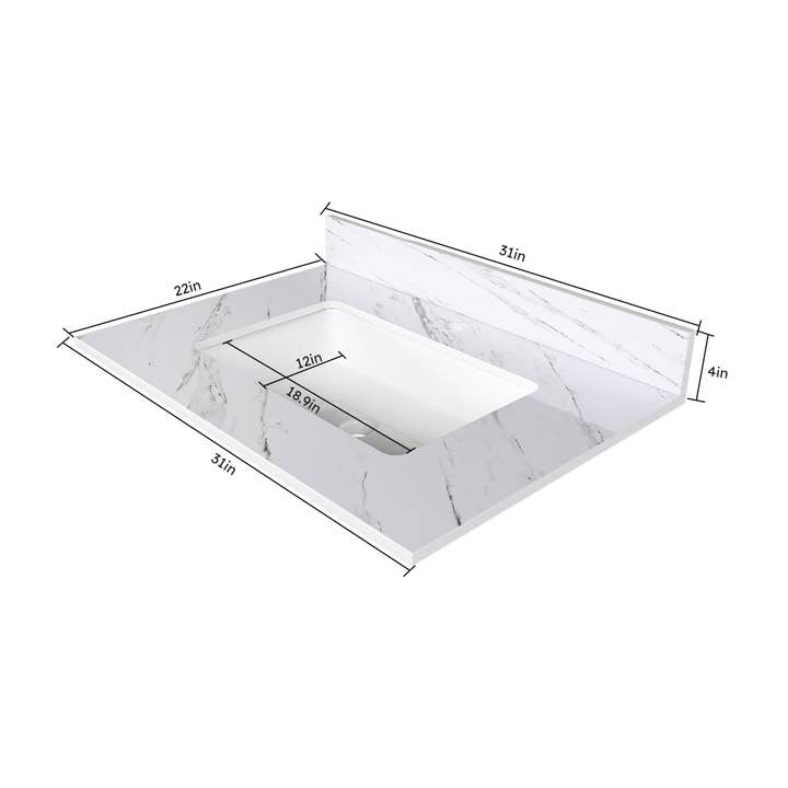 39F Inc. - Wholesale - Elegant Bathroom Vanity Top with Undermount Sink, White Sintered Stone, 31 Inch Carrara Marble Design2