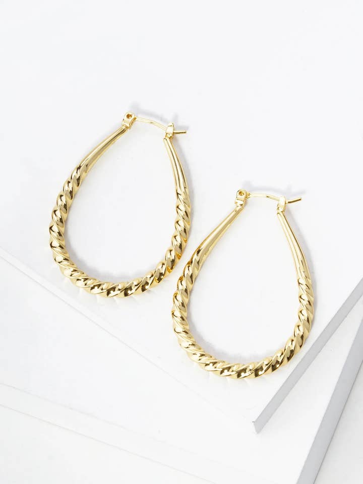 14K Gold Dipped Teardrop Shape 40mm Twist Hoop Earrings for wholesale by Wild Honey