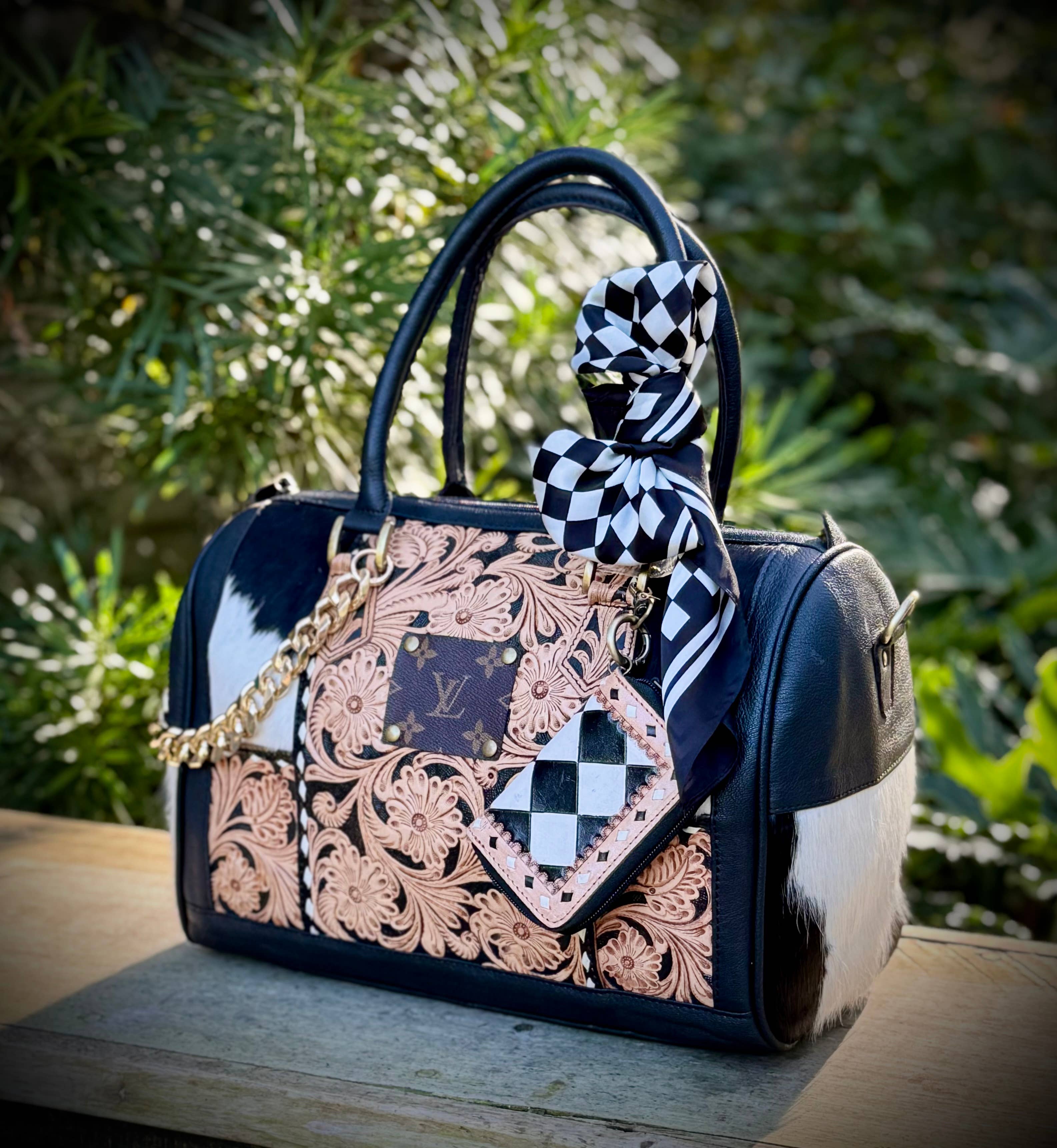 Southern Junkie Gypsy Boutique - Wholesale Crossbody Bag - Women's - Upcycled LV Tooled Leather Cowhide Speedy Crossbody Bag 1