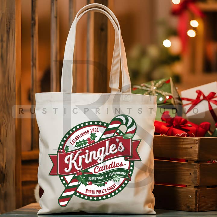 Christmas Tote Bag Vintage Christmas Label Kringle's Candles for wholesale by RusticPrintStudio
